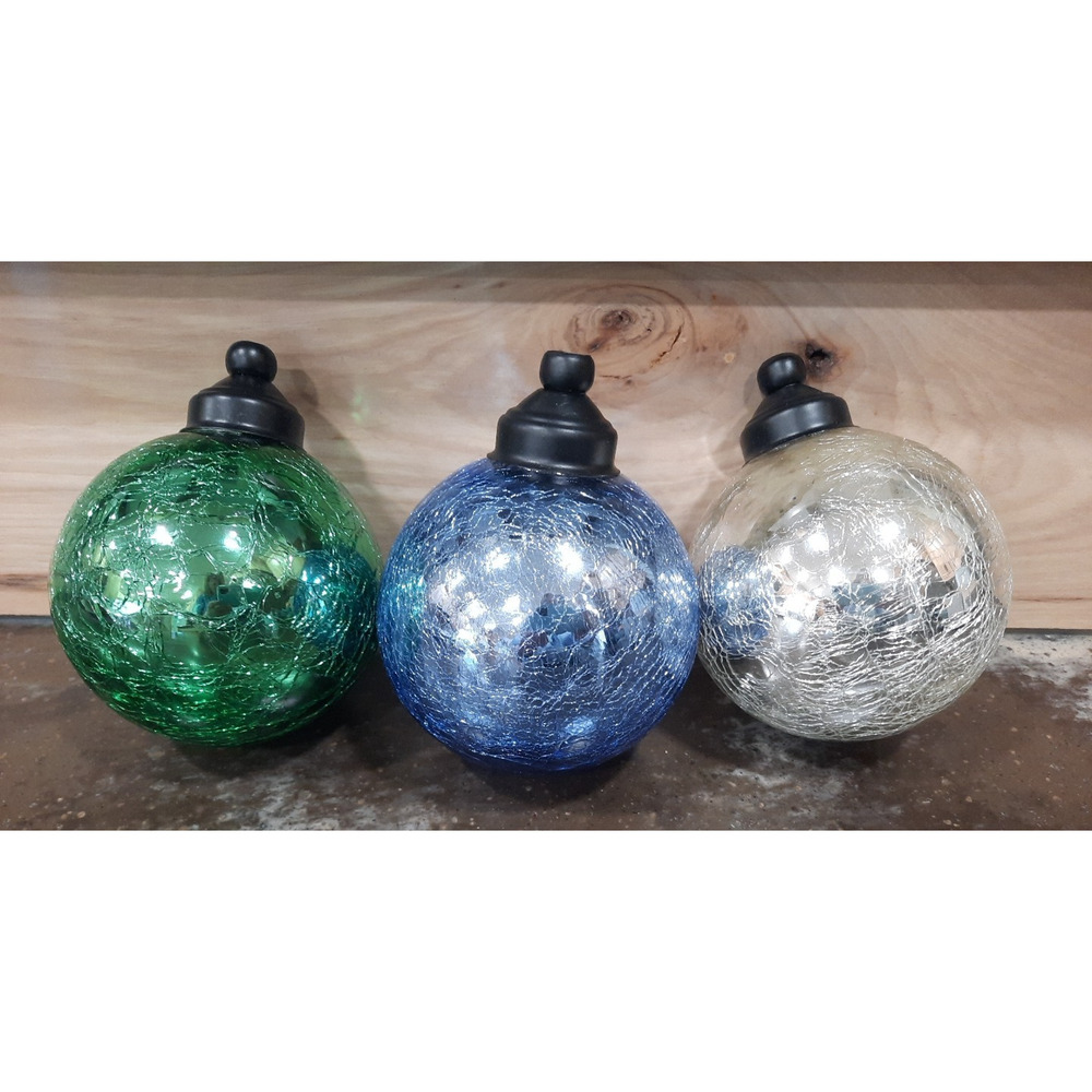 Set of 3 Crackle Glass Gazing Balls Blue Green Silver Garden Decor Orbs 6"x4"